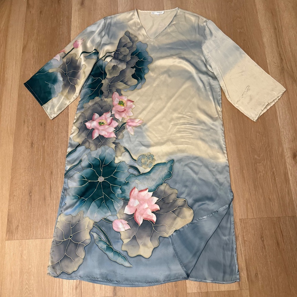 Silk Dress Hand Painted XL Lotus Floral V-Neck Whimsy Garden Wearable Art Boho